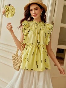 SHEIN Clasi 2025 Summer French Ruffle Collar Ditsy Floral Short Sleeve Blouse,Yellow Boho Tea Party Holiday,Suitable For Dates,Outings,Vacations,Banquets,Weddings - Yellow - View 1
