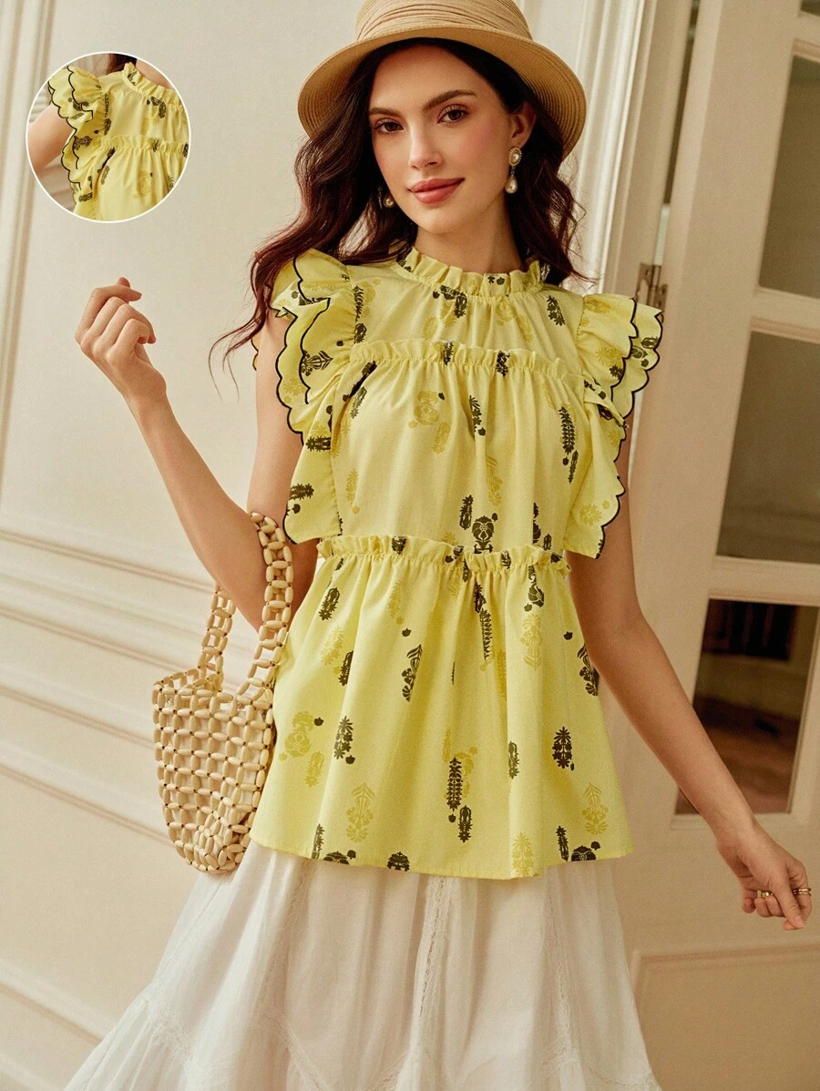 SHEIN Clasi 2025 Summer French Ruffle Collar Ditsy Floral Short Sleeve Blouse,Yellow Boho Tea Party Holiday,Suitable For Dates,Outings,Vacations,Banquets,Weddings - Yellow - View 1