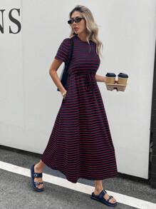 Siren Gaze 女士休闲条纹中长连衣裙，夏季 - 彩色 - 查看 3