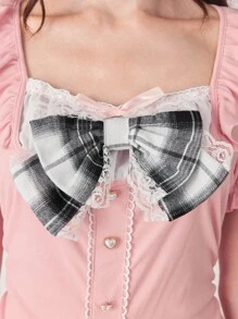 ROMWE EDITION 女式可爱学院风二合一蕾丝拼布格子蝴蝶结装饰紧身T恤 - 粉色 - 查看 4