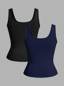 Slaydiva Set de 3 camisetas de tirantes acanaladas de cuello en U profundo, básicas y casuales, en color negro y blanco, para mujer