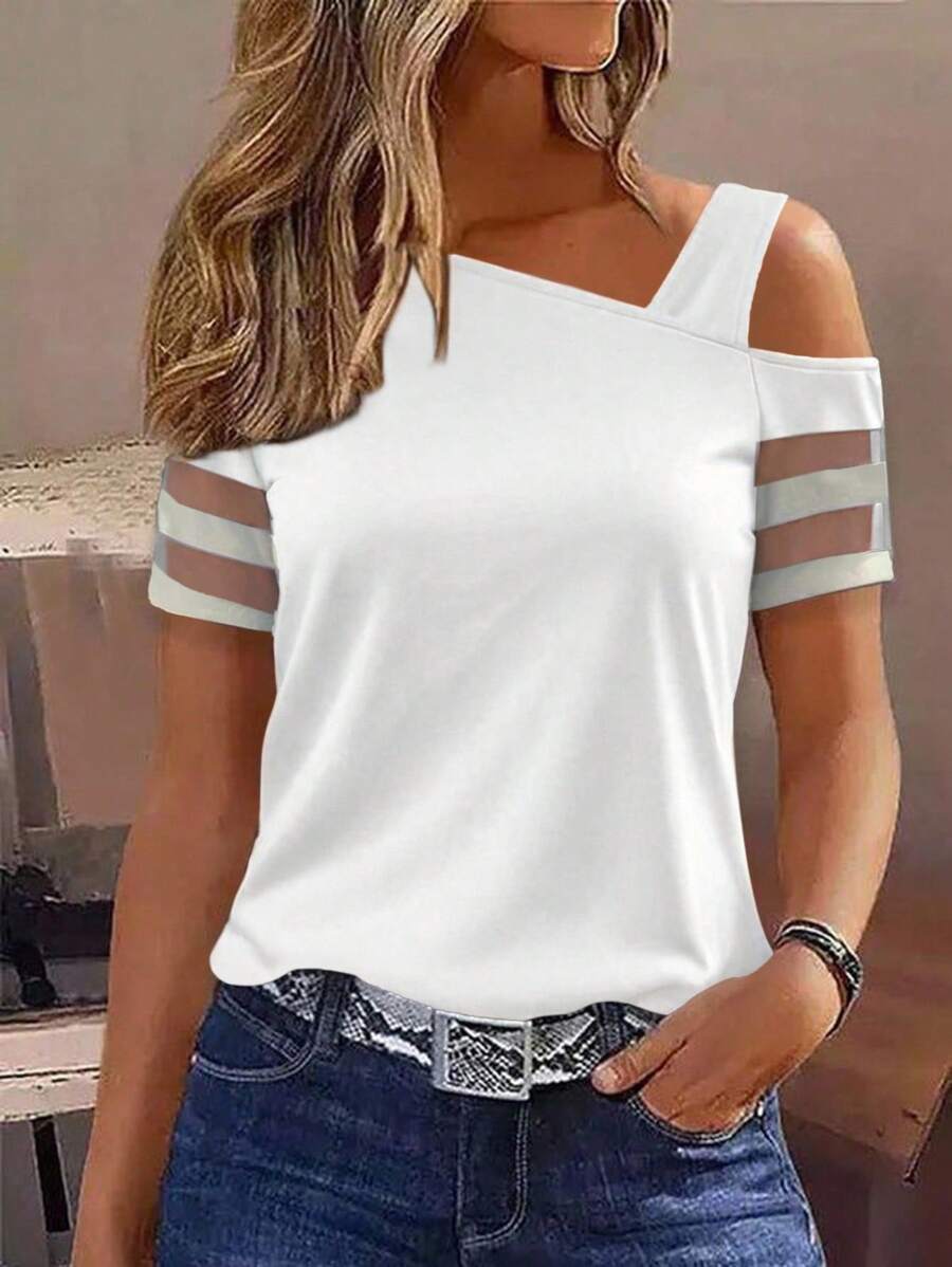 SHEIN LUNE Women Casual Vacation Asymmetrical Neck Short Sleeve Mesh Panel T-Shirt - White - View 1
