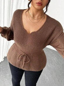 Elenzga Pull élégant à taille ajustée avec ceinture, grande taille - Tabac - Voir 6