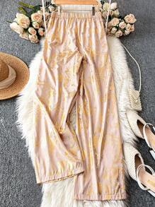 SHEIN LUNE 大码女式优雅金箔松紧腰抽绳裤 - 杏色 - 查看 2