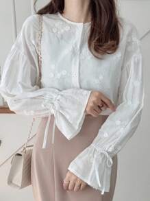FRIFUL Women's Solid Beige Round Neck Drop Shoulder Long Sleeve Drawstring Cuff Cotton Embroidered Loose Casual Blouse, Suitable For Autumn - Beige - View 3