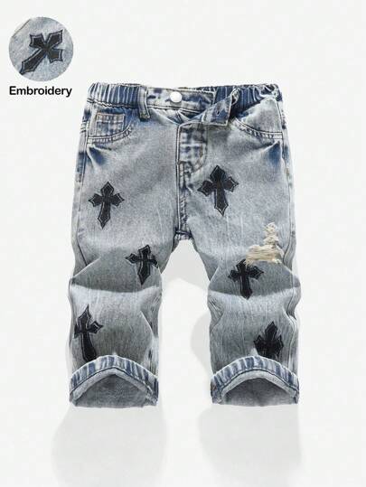 SHEIN Baby Boys' Fall/Winter Y2k Vintage Urban Street Cool Style Distressed Basic Everyday Style Casual Soft Cute Blue Denim Cross Embroidered Stonewashed Loose Fit Baggy Blue Jeans,Boys Back To School Clothes,Boys Homecoming Clothes,Boys Streetwear Outfits,Fall/Winter Kids Clothes,Toddler Boy Denim Jeans