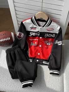 2pcs/Set Young Boy & Girl Casual Sports Style Raglan Loose Baseball Collar Knit Race Car Driver Jacket And Ribbed Cuff Pants Two Pieces Outfit, Suitable For Autumn/Winter Wear