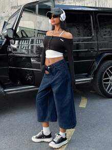 EURMUSE 女士低腰雪花洗牛仔短裤 - 水鴨藍 - 查看 5