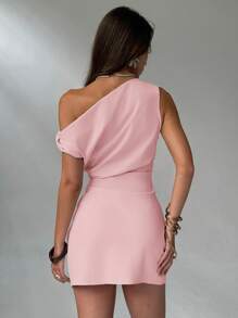 Aloruh New Asymmetric Asymmetric Neck Ruched Waist Slim-Fit Mini Dress - Pink - View 2