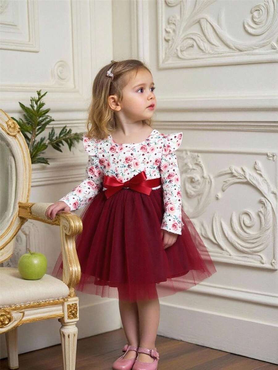 Souflis Souflis Baby Mädchen Kleid mit Blume Muster, Rüschenbesatz, Mesh Besatz, & Stirnband