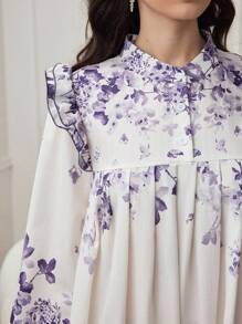 Al Najma 女士优雅花卉印花长裙 - 紫色 - 查看 6