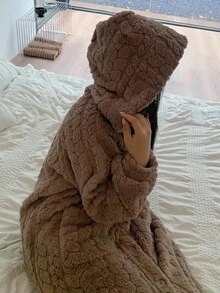 Dazy Plus Plus Size Women's Textured Flannel Hooded Fluffy Robe, Thick Warm Sleepwear For Winter,Thermal Lined, Fall, Cozy