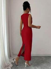 Elenzga Đầm ôm body màu trơn không tay cổ chữ V thoải mái, dễ thương, quyến rũ, lãng mạn, đi làm, thường ngày dành cho nữ - Màu Đỏ Sâu - Xem 2
