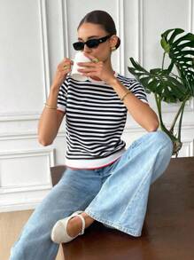 Serisse Mujeres veraniegas de moda Top de tejido de punto de rayas simple negro y blanco, Todo coincidente