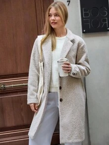 EURMUSE Women's Solid Soft Wool Button Front Elegant Coat - Beige - View 1