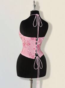 SHEIN ICON 女士串珠返校节粉色花卉亮片优雅挂脖吊带背心 - 粉色 - 查看 9