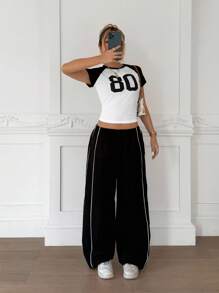 SHEIN Teen Girl Casual Comfortable Round Neck Patchwork Contrast Color T-Shirt And Pants Set
