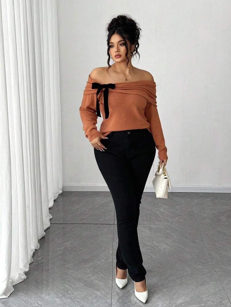 Elenzga Halloween Plus Size Women's Solid Color Knitted Off-Shoulder Bow Long Sleeve Pullover Sweater, Elegant For Autumn/Winter Fall - Brown - View 4