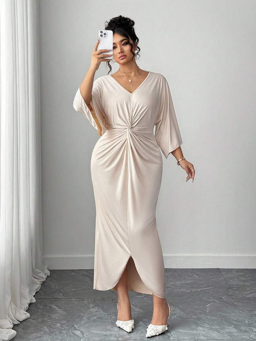 Elenzga 大码女式优雅针织高弹力V领扭纹设计蝙蝠袖中长连衣裙 - 杏色 - 查看 1