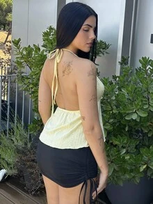 Lucia Bellido Women's Summer Solid Color Front Tie Halter Neck Tank Top - Yellow - View 2
