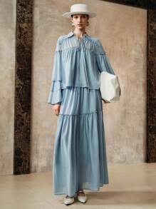 EMERY ROSE 女式四向弹力面料 A 字褶边嬉皮风格波西米亚风格优雅约会长裙秋季女装度假装女士波西米亚风女装休闲装春季 - 藍色 - 查看 4