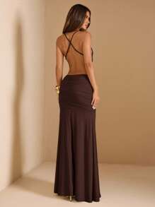 SHEIN BAE 女士纯绿色细肩带褶饰露背连衣裙，适合派对、度假、宴会、婚礼、夜间外出、浪漫约会、夏季 - 咖啡棕 - 查看 2
