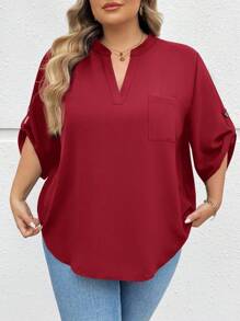 SHEIN CURVE+ 加大码卷舌袖黑色衬衫，优雅、度假、基本款 - 酒紅色 - 查看 3