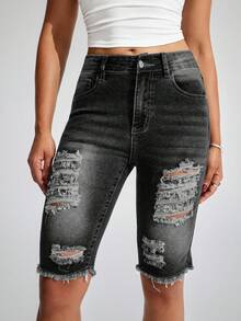 SHEIN LUNE Women's Fashionable Ripped Pocket Denim Bermuda Shorts - Multicolor - View 4