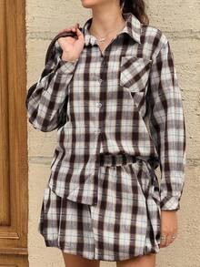 Jouncy 2 Pieces Plaid Shirt Set For Women, Collegiate Style Fall Cloth For Women - Coffee Brown - View 4