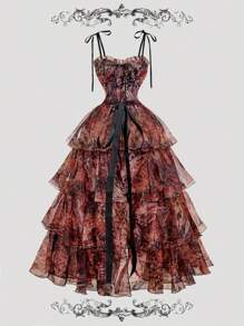 SHEIN MOD 复古油画蝴蝶印花华丽二合一连衣裙，配有可拆卸裙摆和分层蛋糕下摆 - 宫廷风格、生日礼服、巡航礼服、适合约会、派对、节日、茶会和舞会的分层服装 - 棕色 - 查看 11