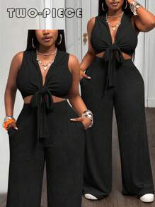 Slaydiva 2025 新款春夏大码女装复古西部/热带/音乐节/俱乐部/公路旅行/休闲/城市度假/毕业约会/优雅度假/日常基本款两件套 - 无袖系带前短款上衣和高腰阔腿裤（带口袋） - 黑色 - 查看 2