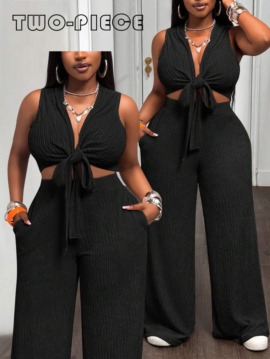 Slaydiva 2025 新款春夏大码女装复古西部/热带/音乐节/俱乐部/公路旅行/休闲/城市度假/毕业约会/优雅度假/日常基本款两件套 - 无袖系带前短款上衣和高腰阔腿裤（带口袋）