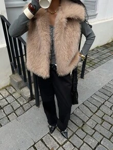 Siren Gaze Solid Color Sleeveless Casual Faux Fur Jacket, Retro Open Front Coat With Artificial Fur Collar, Fashionable Outerwear In Fall/Winter Brown