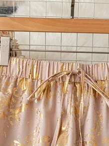 SHEIN LUNE 大码女式优雅金箔松紧腰抽绳裤 - 杏色 - 查看 5