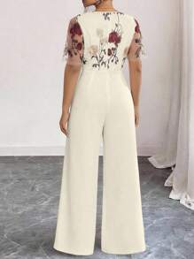 Elenzga Plus Size Floral Embroidered Mesh Stitching Elegant Short-Sleeved Jumpsuit - Apricot - View 2