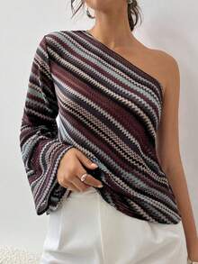 Aloruh Fall Women's Fashion Asymmetric Striped One Shoulder Sleeve Top,  Off Shoulder Design, Fall Women Clothes