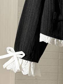 女童荷叶边下摆长袖纽扣设计夹克 - 黑與白 - 查看 4