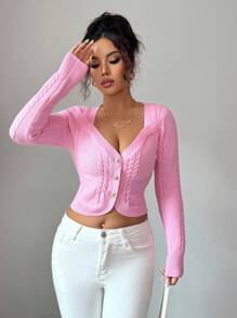 Elenzga 女式扭纹图案长袖单排扣短款针织开衫 - 粉色 - 查看 6