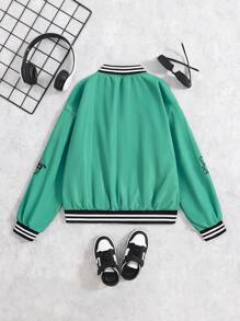 Girls' Minimalist Fashion Cool Embroidery Woven Baseball Jacket Cardigan With Snap Buttons Girls Letterman Jacket Varsity S Girls Bomber Jacket Girls Satin Jacket Varsity Jacket Girls - Green - View 2