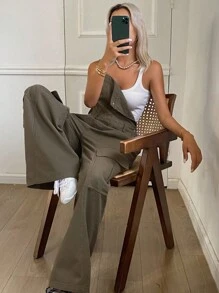 Livesso 女式宽松休闲纯色大口袋牛仔工装裤 - 橄欖綠 - 查看 4