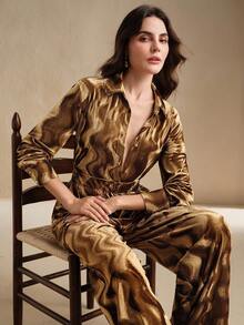 Anewsta 女式两件套，秋冬新品，万圣节和圣诞节，复古都市时尚闪亮波浪褶皱纹理面料宽松舒适时尚上衣和休闲裤 - 卡其色 - 查看 6