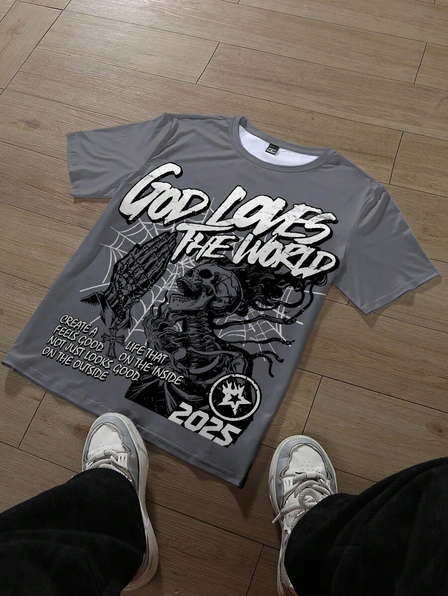 Manfinity EMRG Men's Summer Slogan & Skull Print Round Neck Short Sleeve Casual Versatile T-Shirt Graphic Tees Men Grey God Loves The World T-Shirt