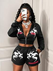 BamGleam BamGleam 2pcs Halloween Graphic Print Hoodie + High Waist Cropped Sexy Outfit Set+ Slim Shorts Slogan Skull Print White Women's Two Pieces Set-B, Autumn Back To School Fashion Fall Cloth For Women