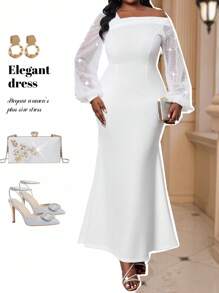 Fleurora 大码女士优雅派对连衣裙，不对称领口网纱拼接，水钻灯笼袖，鱼尾下摆，修身款