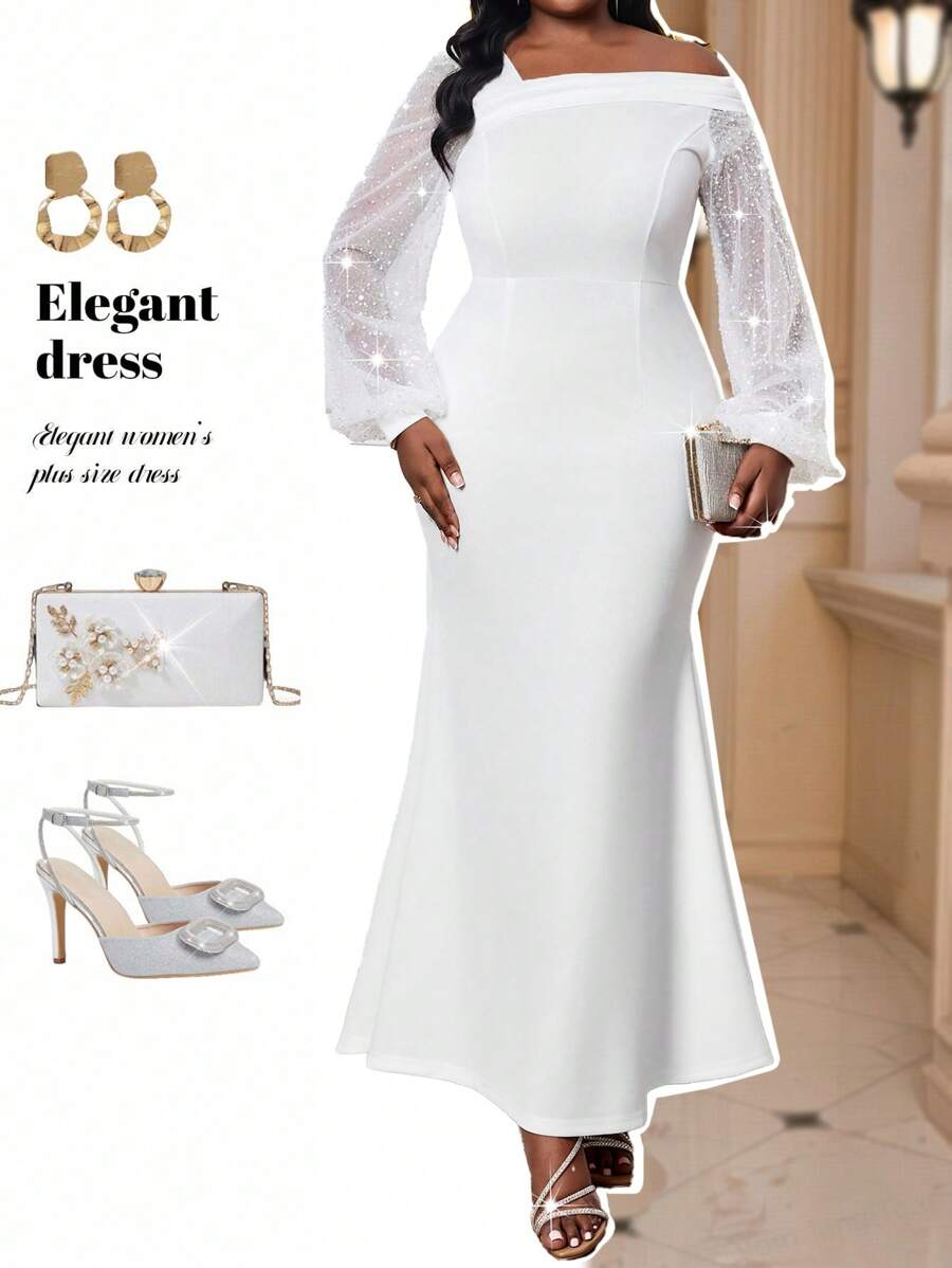 Fleurora 大码女士优雅派对连衣裙，不对称领口网纱拼接，水钻灯笼袖，鱼尾下摆，修身款