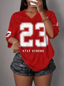 Slaydiva Plus Size Minimalist Number Print V-Neck T-Shirt, Casual Sporty Style, Suitable For Summer - Red - View 6