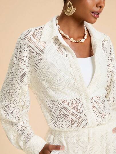 Travachic Women's Solid Color Drop Shoulder Hollow Out Single-Breasted Casual Versatile Sweater Top Lace Shirt Crochet Shirt White Lace Top Summer Shirt Lace Blouse Crochet Top,Casual Woman Style, Fall For Women, Chic Autumn,Going Out,Elegant,Country Style For Women