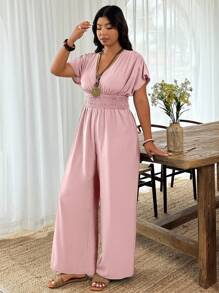 EMERY ROSE 大码夏季简约优雅纯色束腰连体裤 - 粉色 - 查看 5