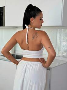 Lucia Bellido Summer Solid Backless Crop Halter Top - White - View 2