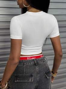 Rovax Women's Round Neck Short Sleeve Letter Print Casual Top Graphic Tees Women Tops - White - View 2